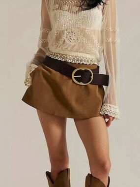 Free People Brown Suede-Look Mini Skort with Dark Brown WO belt